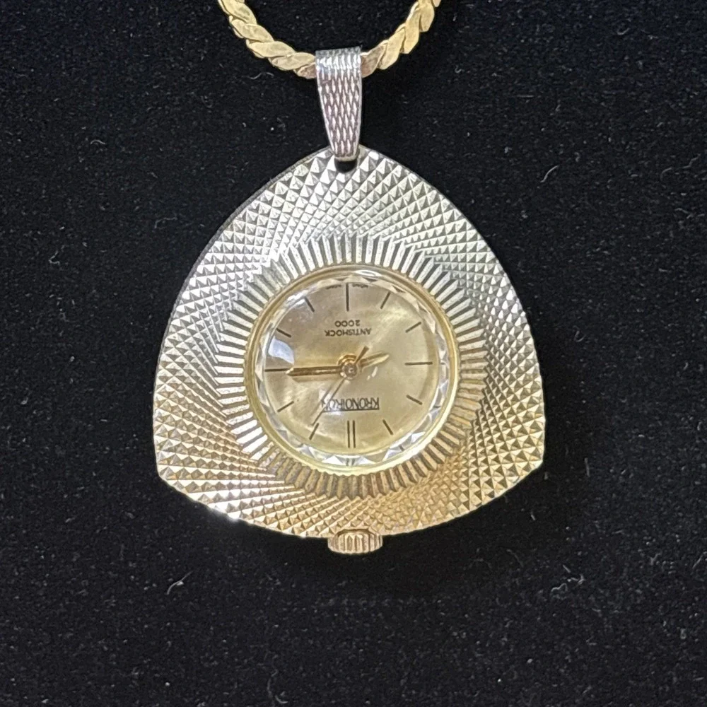 Vintage 1970s Chronotron Mechanical Pendant Watch Necklace Antishock 2000 Works
